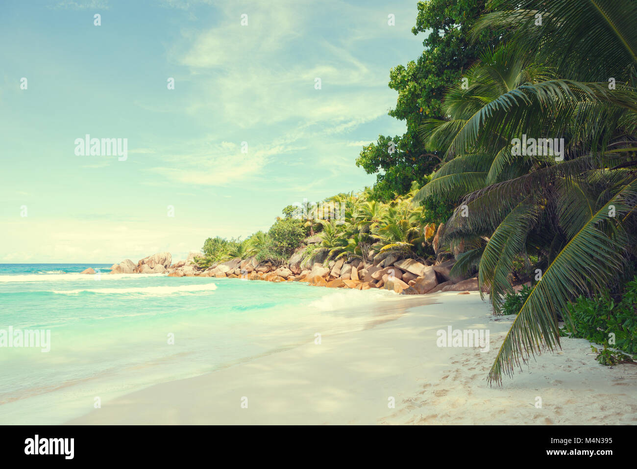 Strand Anse Cocos, La Digue, Seychellen. Getonten Bild Stockfoto