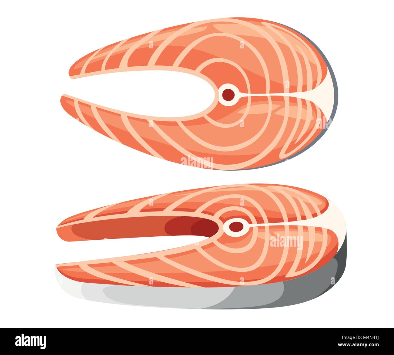 Zwei Stücke von frischem Lachs Steaks Vector Illustration auf weißem Hintergrund Web site Seite und mobile App Design isoliert. Stock Vektor