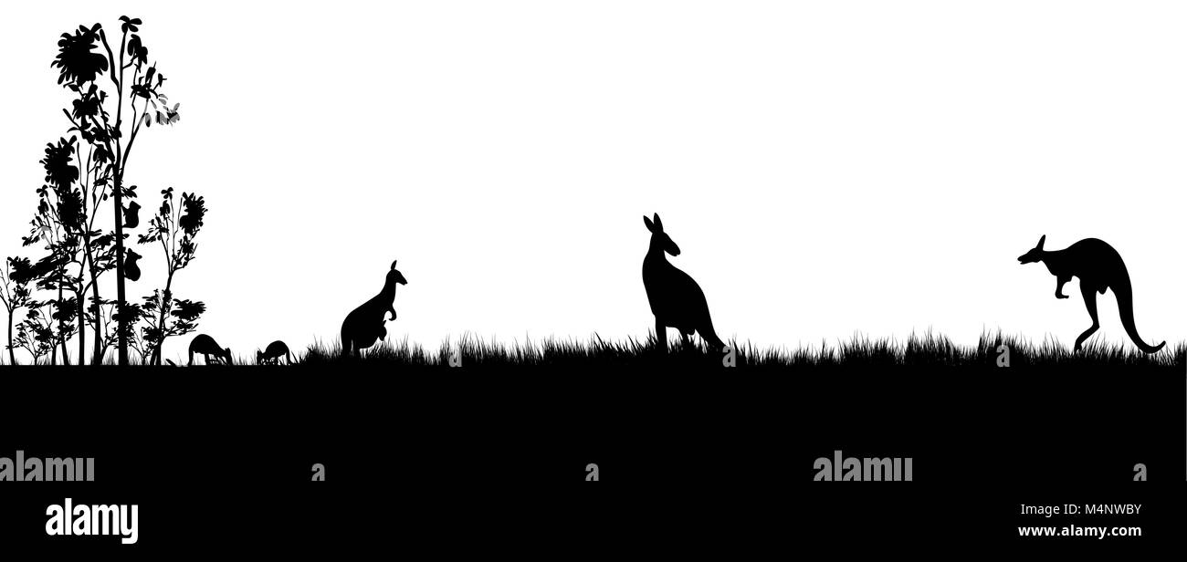 Schwarze Silhouette der Koala und kanagroos auf weißem Hintergrund. Stock Vektor