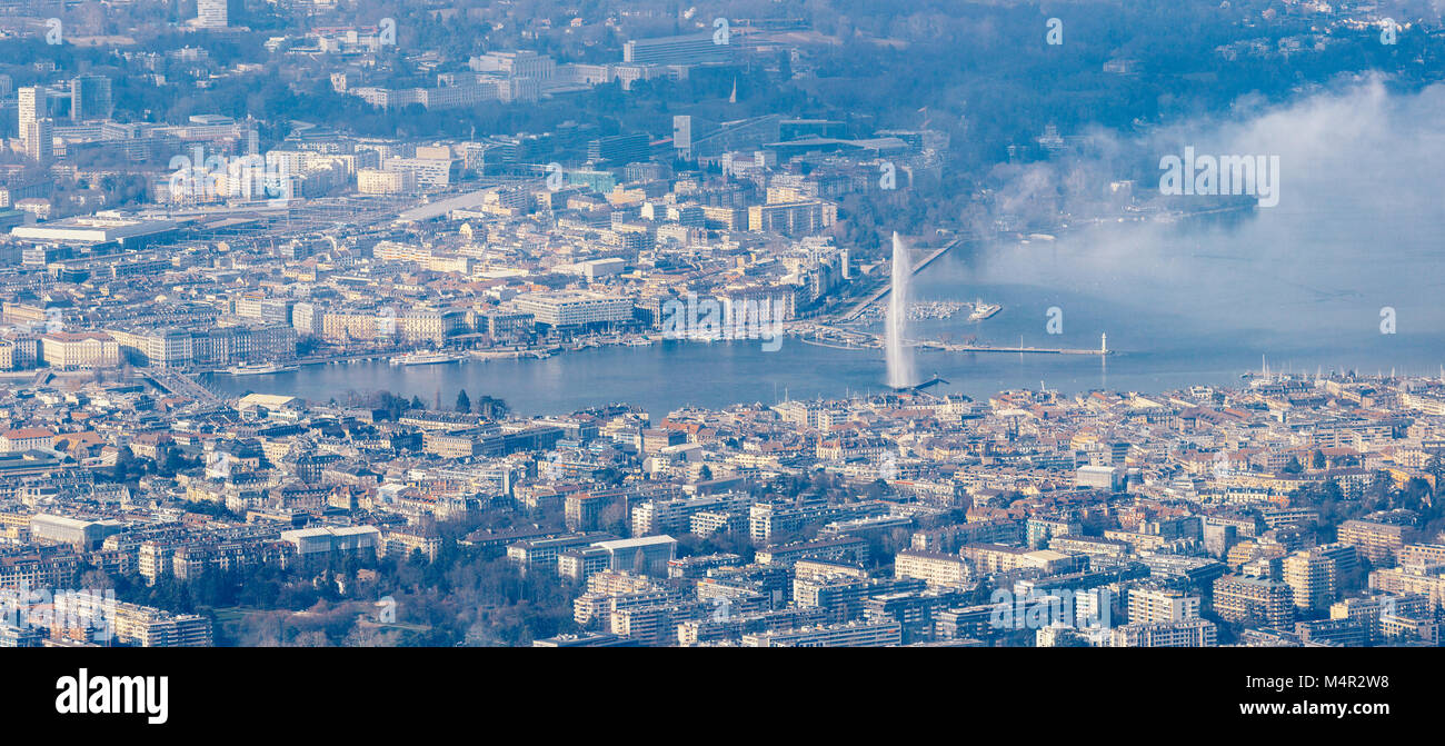 Luftbild vom Genfer Stadtzentrum und dem Genfer See. Stockfoto