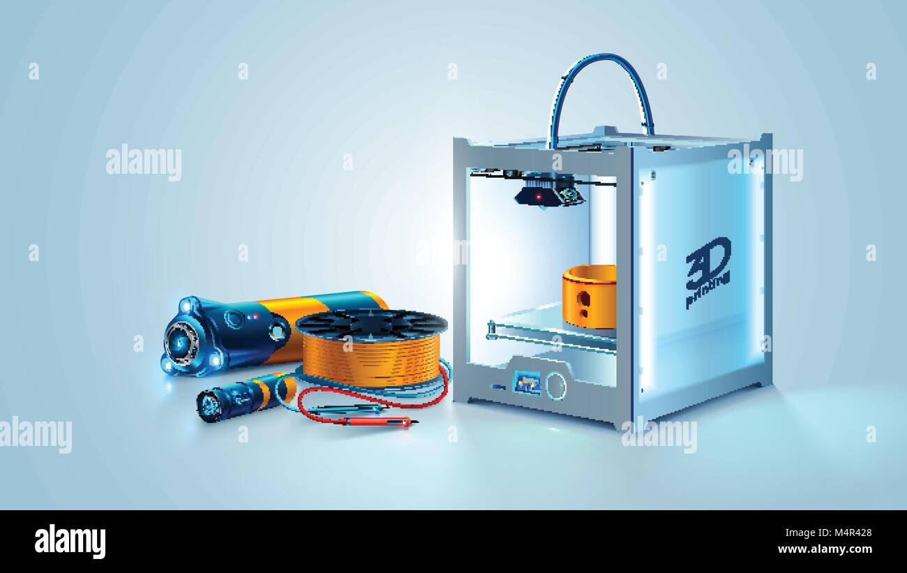 3d-Drucker abstraktes Modell. Herstellung Prototyp Objekt auf 3D-Drucker. Filament Kunststoff. Engineering Development Tools. Innovation Additiv Technolog Stock Vektor