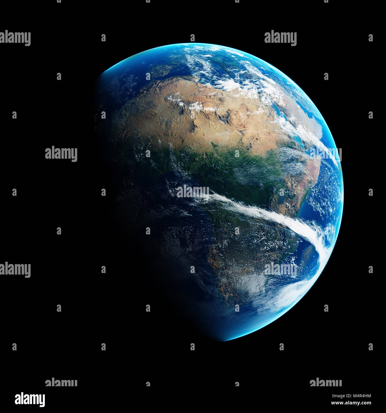 Blue Earth mit dem Tag und der Nacht illustriert über Afrika. Detaillierte 3D-Render auf schwarzem Hintergrund (Elemente dieses Rendern von der NASA ausgestattet) Stockfoto