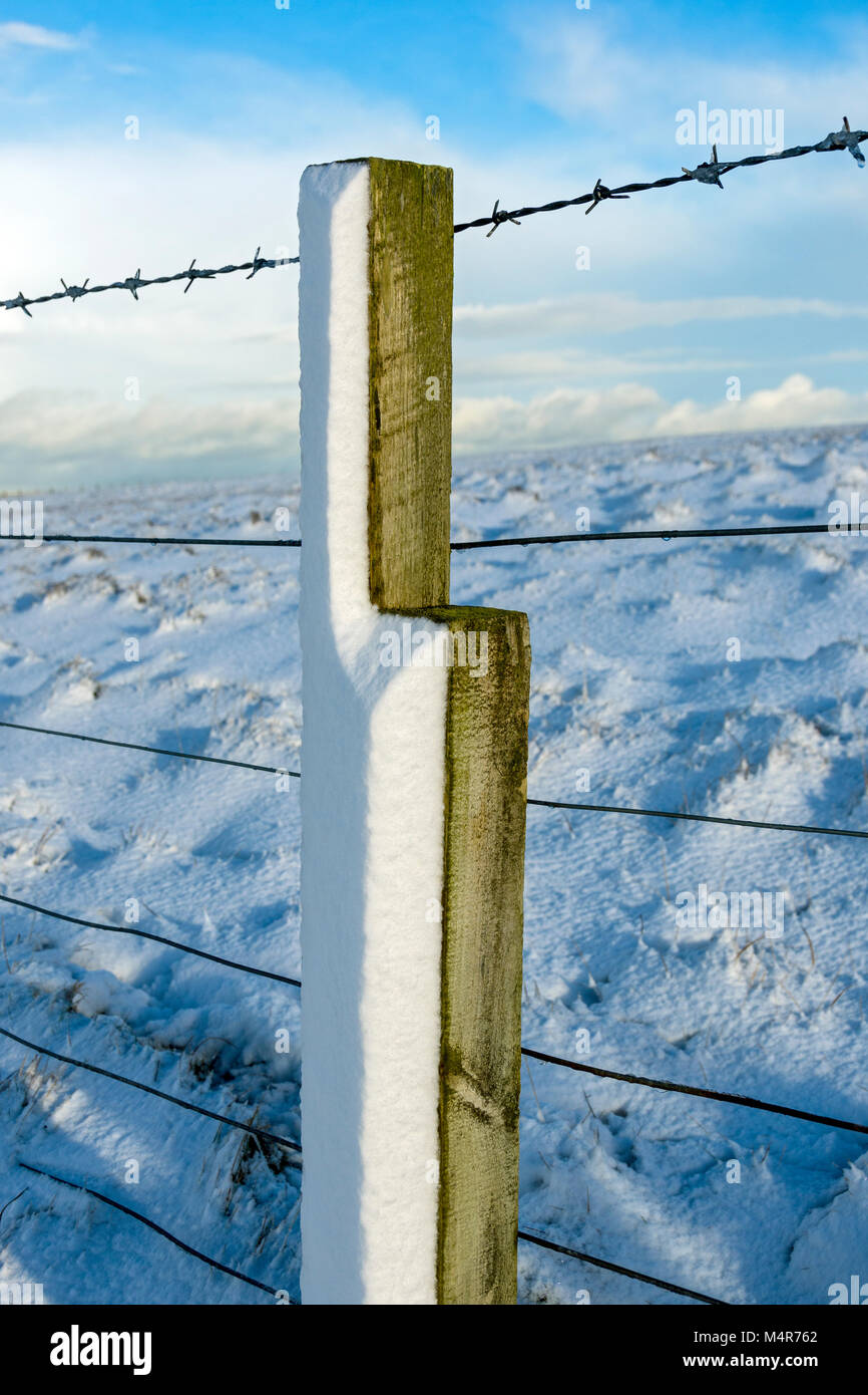 Glatt Wind gemeißelte Schnee auf der Seite eines Zaunpfosten, Duncansby Head, Caithness, Schottland, Großbritannien. Stockfoto