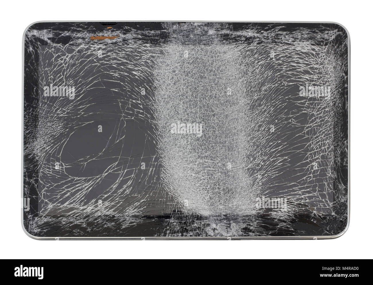 Ein zerbrochenes Display des Tablet-PC. Ein Auto schlug ihn. Mit patch Studio shot isoliert. Die Massenproduktion. Stockfoto