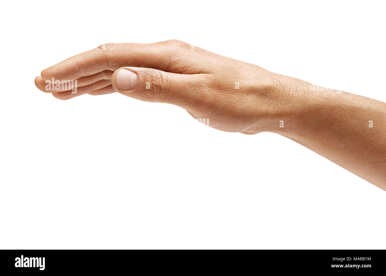 Des Menschen Hand Zeichen auf weißem Hintergrund. Öffnen Sie die Palm Invertiert, aus der Nähe. Produkt mit hoher Auflösung Stockfoto