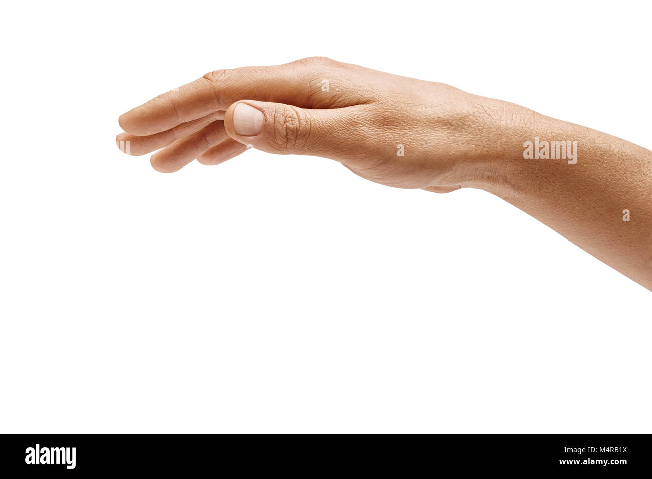 Des Menschen Hand Zeichen auf weißem Hintergrund. Öffnen Sie die Palm Invertiert, aus der Nähe. Produkt mit hoher Auflösung Stockfoto