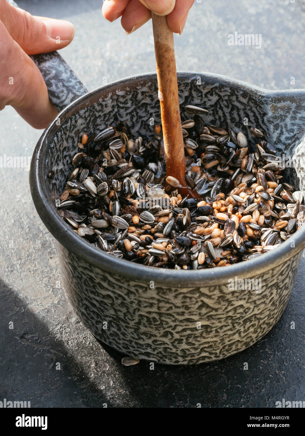 Samen mit Kokosfett gemischt Vogelfutter zu machen. Stockfoto