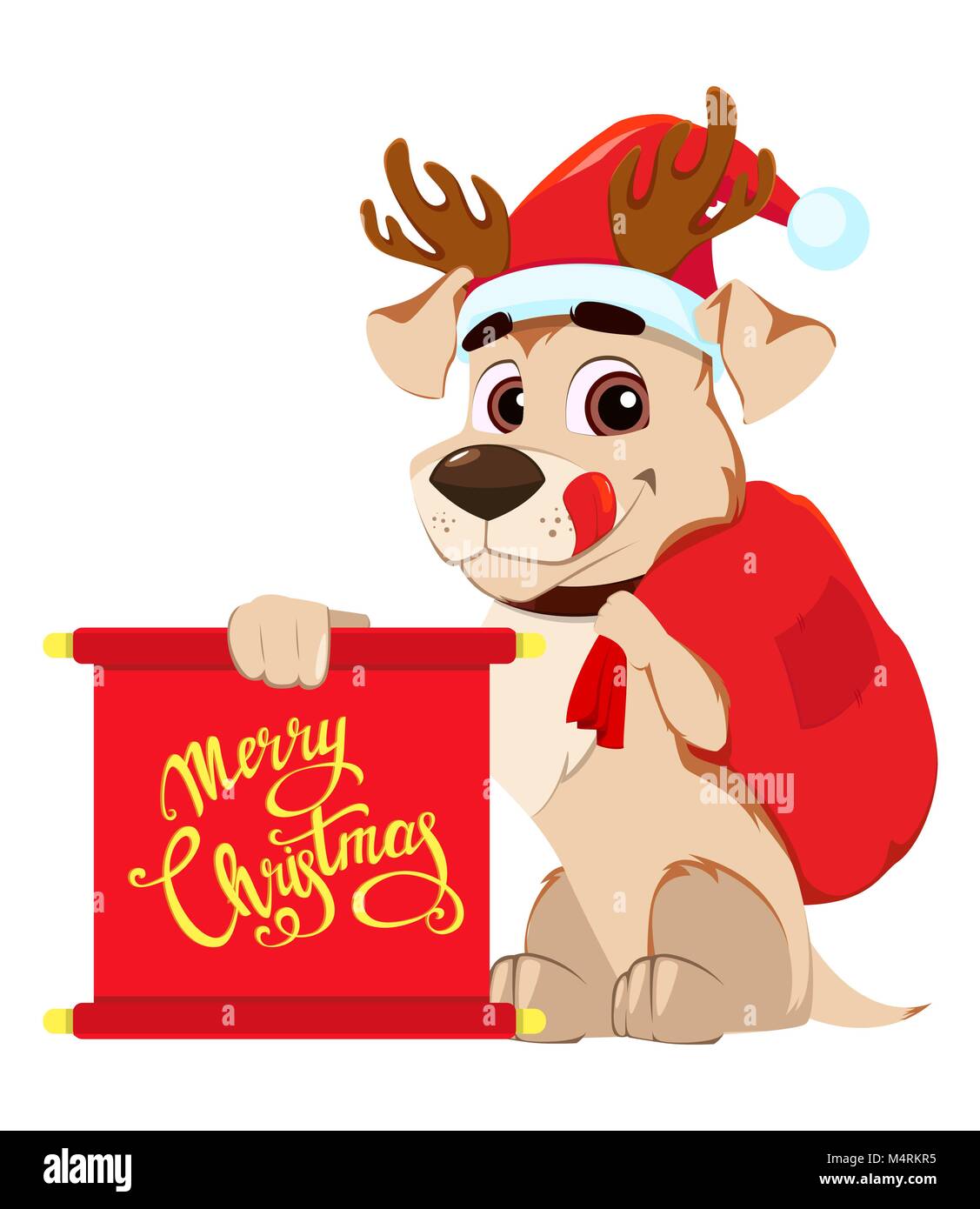 Frohe Weihnachten Grußkarte. Lustig Hund tragen Santa Claus hat und  Hirschgeweihe und halten Blättern mit Begrüßungen und Tasche mit  Geschenken. Vektor illustr Stock-Vektorgrafik - Alamy