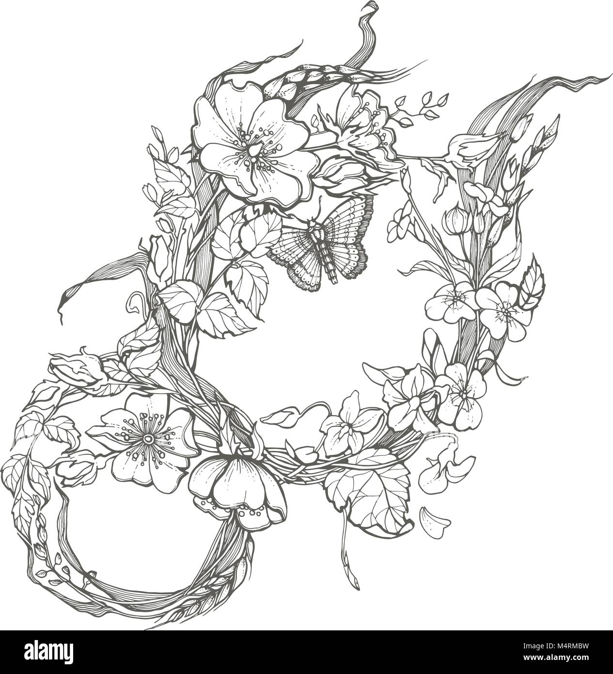 Wild Dog rose Blumen Rahmen Kontur Tinte nach Färbung Seite ...