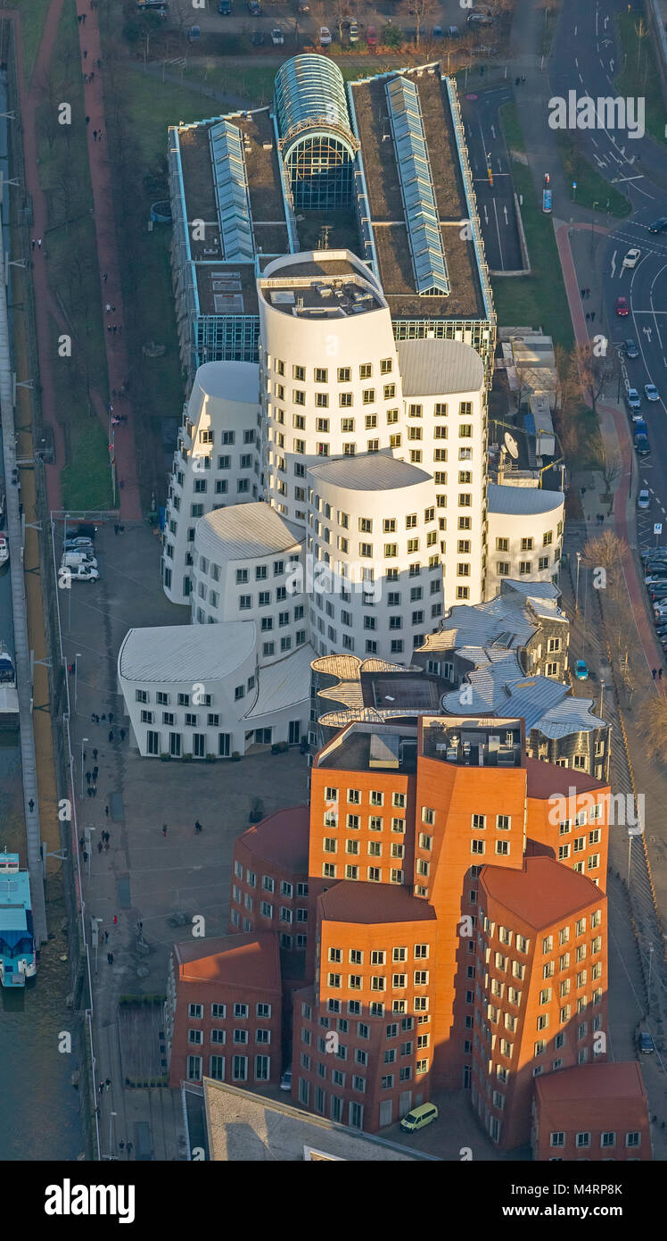 Luftaufnahme, Gehry-bauten, Medienhafen, Düsseldorf Hafen, Neue Zollhof Gehry-bauten, Düsseldorf Medienhafen, Düsseldorf, Rheinland,R Stockfoto