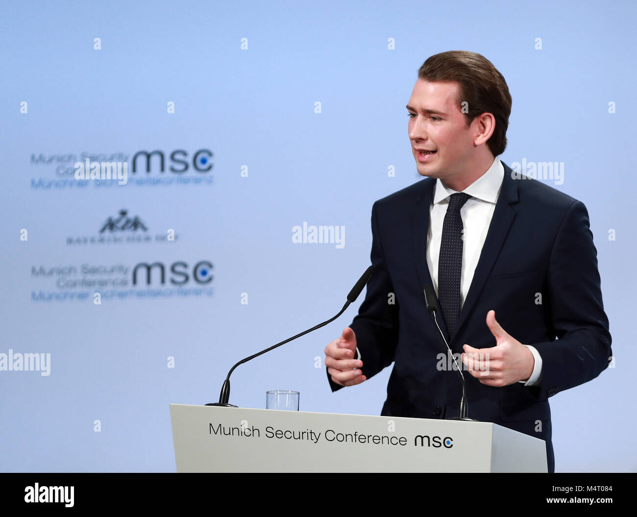 München, Deutschland. 17 Feb, 2018. Der österreichische Kanzler Sebastian Kurz Adressen der 54. Muenchner Sicherheitskonferenz (MSC) in München, Deutschland, am 13.02.17., 2018. Als staatliche Führungskräfte, Beamte und Experten diskutieren über wichtige politische Fragen der Welt im laufenden Münchner Sicherheitskonferenz, ist es von großer Bedeutung, die Rolle des Multilateralismus bei der Bewältigung von Sicherheitsproblemen zu betonen. Credit: Luo Huanhuan/Xinhua/Alamy leben Nachrichten Stockfoto