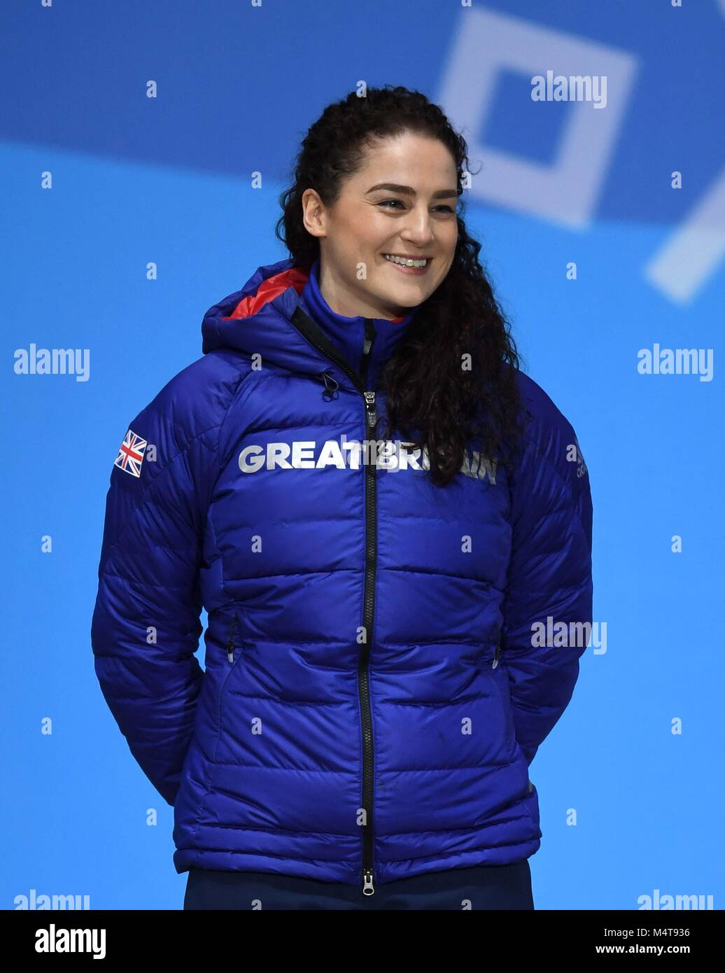 Frauen Skelett. Laura Deas (GBR) feiert. Medaille Zeremonien. Pyeongchang Olympic Plaza. Pyeongchang 2018 Winter Olympics. Alpensia. Republik Korea. 18.02.2018. Credit: Sport in Bildern/Alamy leben Nachrichten Stockfoto