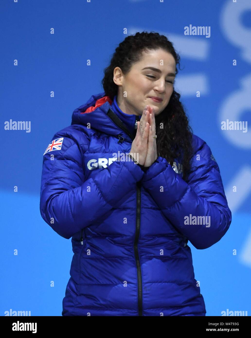 Frauen Skelett. Laura Deas (GBR). Medaille Zeremonien. Pyeongchang Olympic Plaza. Pyeongchang 2018 Winter Olympics. Alpensia. Republik Korea. 18.02.2018. Credit: Sport in Bildern/Alamy leben Nachrichten Stockfoto