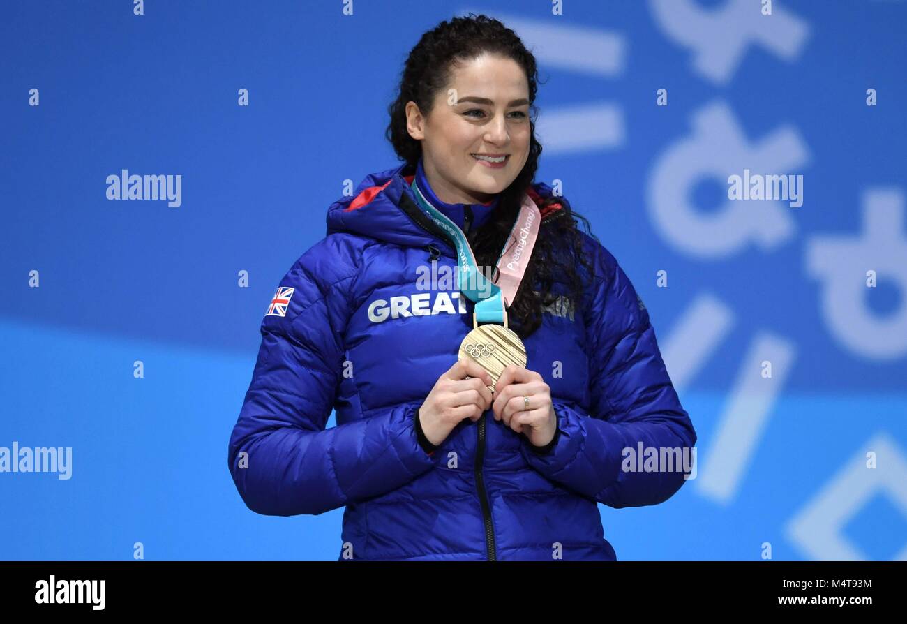 Frauen Skelett. Laura Deas (GBR) mit ihrer Bronzemedaille. Medaille Zeremonien. Pyeongchang Olympic Plaza. Pyeongchang 2018 Winter Olympics. Alpensia. Republik Korea. 18.02.2018. Credit: Sport in Bildern/Alamy leben Nachrichten Stockfoto