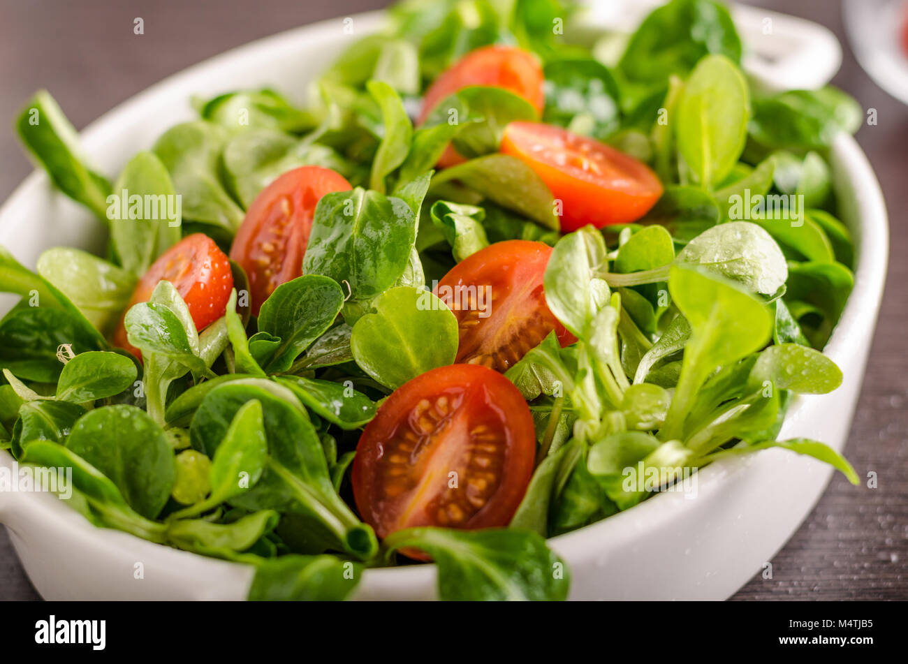 Feldsalat Salat, Tomaten und Kräutern, Essen Fotografie Stockfoto