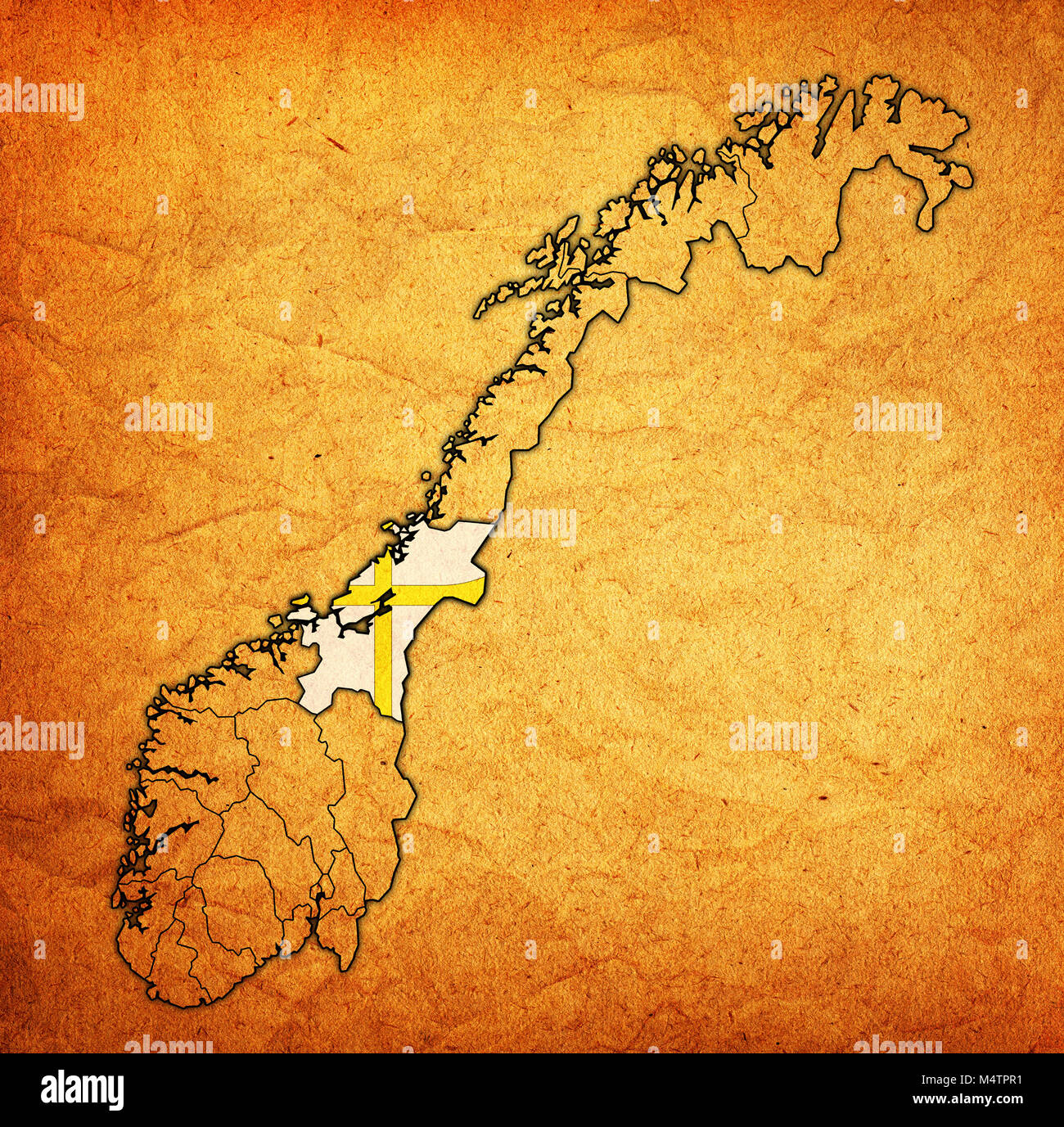 Emblem von Trøndelag Grafschaft auf Karte mit administrativen Abteilungen und Grenzen von Norwegen Stockfoto