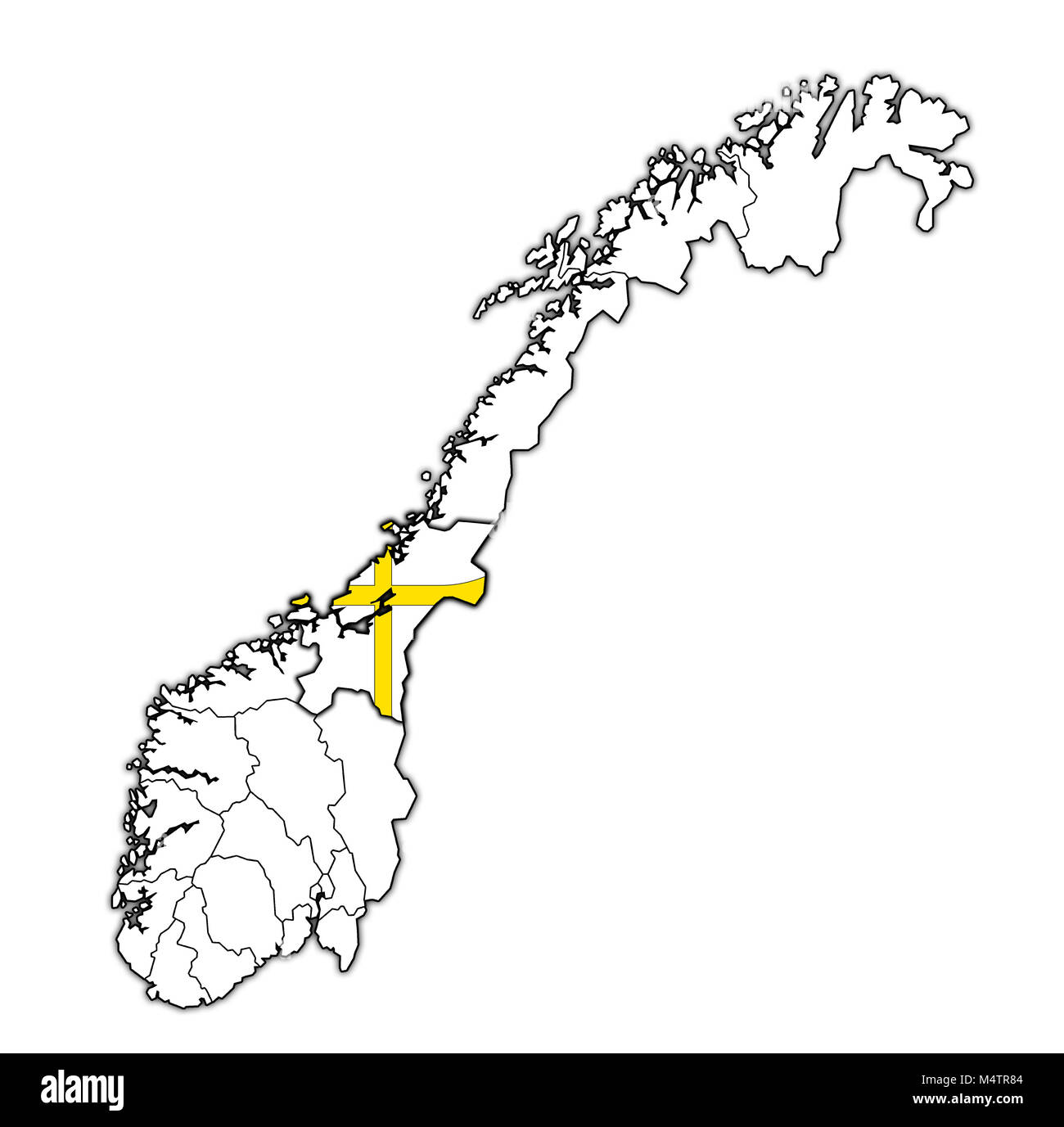 Emblem von Trøndelag Grafschaft auf Karte mit administrativen Abteilungen und Grenzen von Norwegen Stockfoto