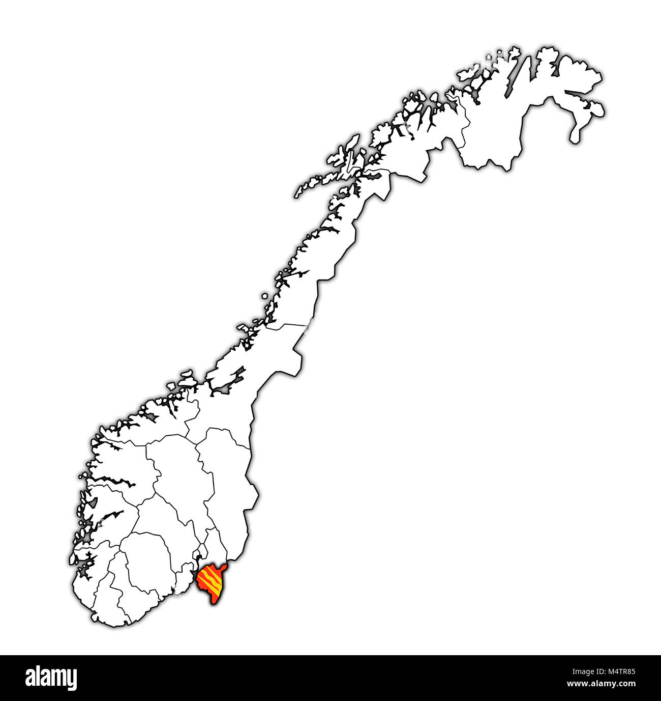 Emblem der Ostfold Grafschaft auf Karte mit administrativen Abteilungen und Grenzen von Norwegen Stockfoto