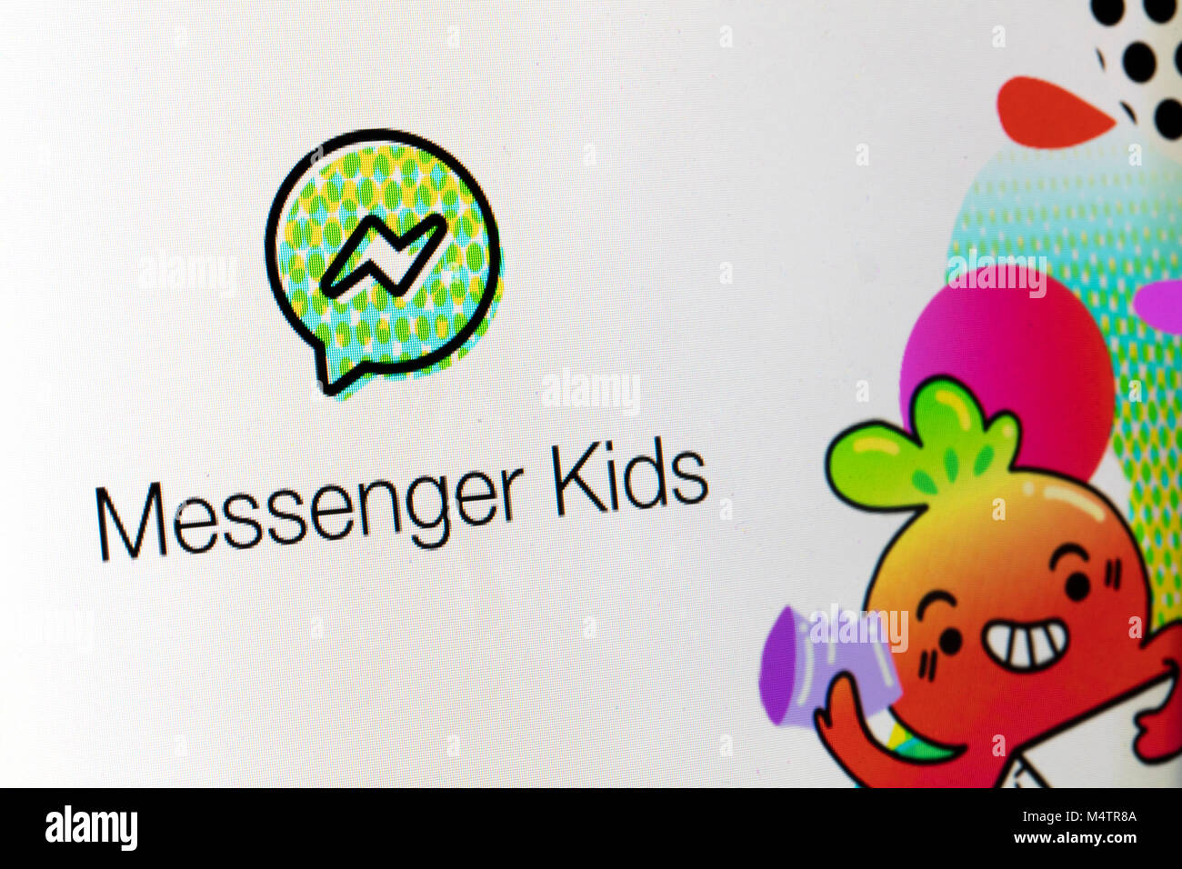 LONDON, UK, 18. Februar 2018: Facebook Messenger kids Logo auf einem PC-Bildschirm. Facebook Messenger kids ist ein Social Media chat App für Kinder konzipiert. Stockfoto