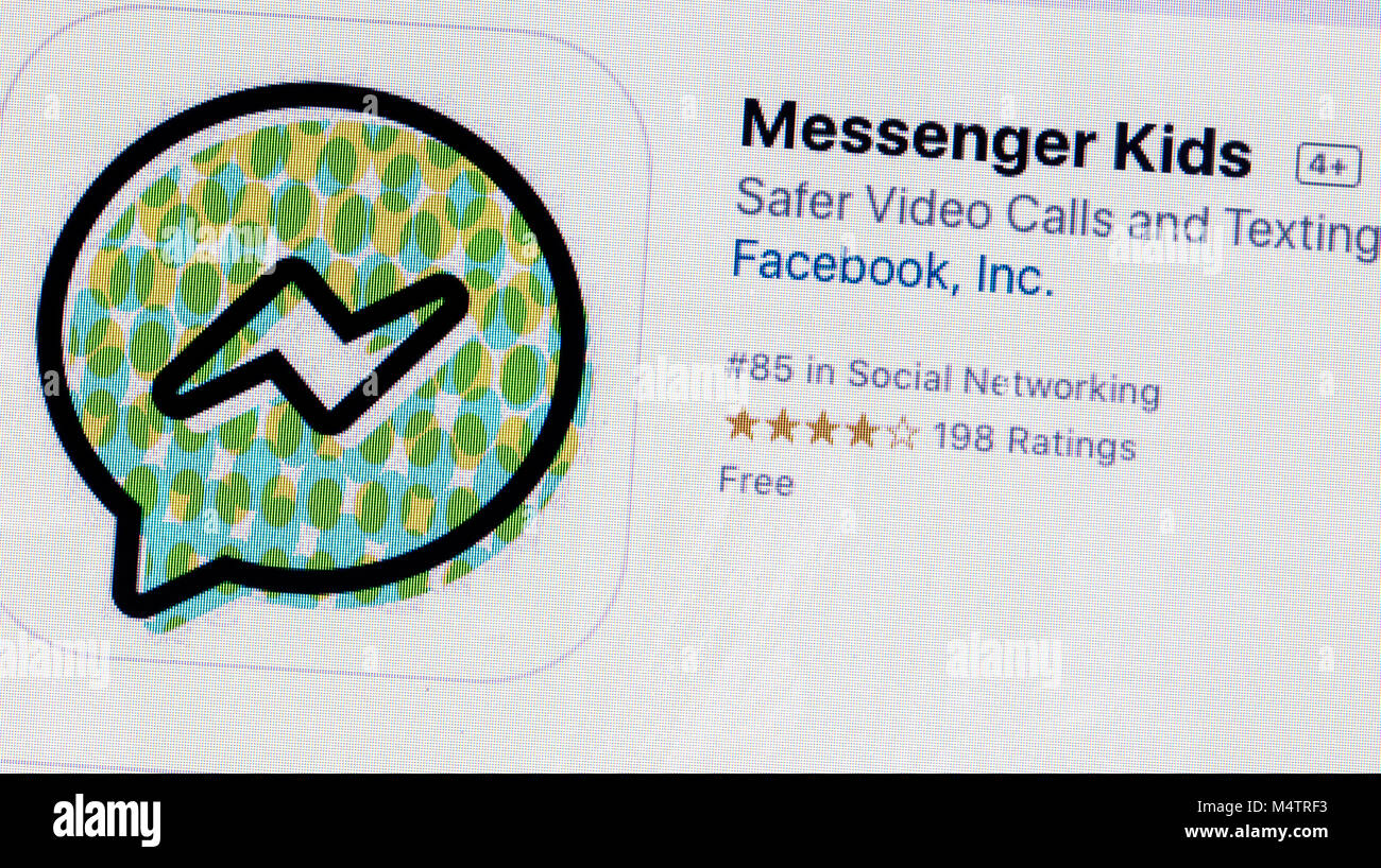 LONDON, UK, 18. Februar 2018: Facebook Messenger kids Logo auf einem PC-Bildschirm. Facebook Messenger kids ist ein Social Media chat App für Kinder konzipiert. Stockfoto