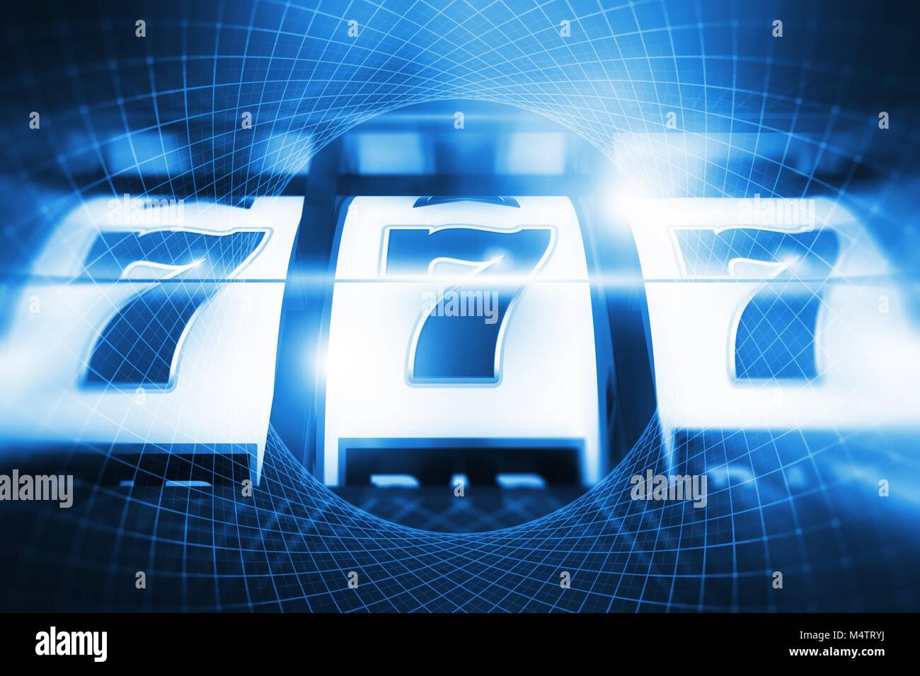 Kasino, das Thema. Leuchtende blaue Glück Slot Machine Konzept gerenderten 3D-Bild. Stockfoto