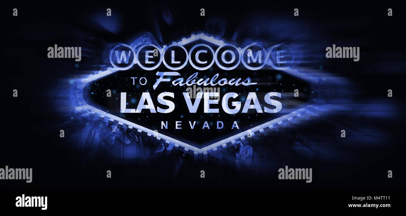 Las Vegas Welcome Sign Prinzipdarstellung. Blau leuchtende berühmten Las Vegas Strip Zeichen auf Schwarzen Hintergrund Stockfoto