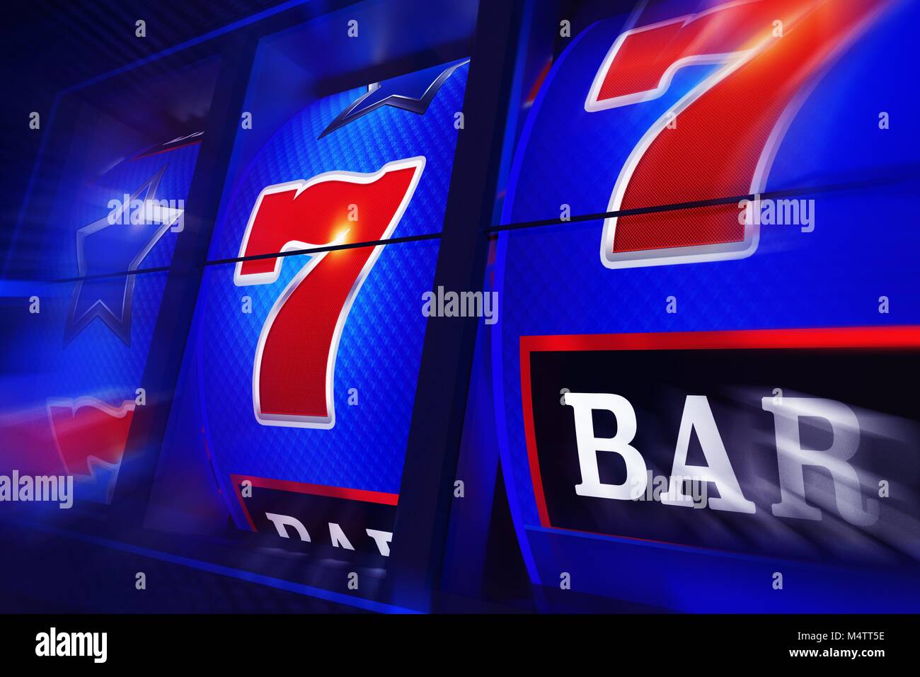 Die Spinnerei Slot Machine gerenderten 3D-Bild. Steckplatz Rollen Nahaufnahme. Vegas Casino Gambling. Stockfoto