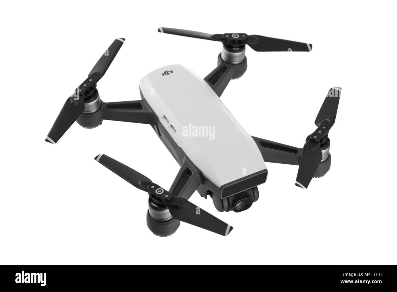 Varna, Bulgarien - 14. Februar 2018: Flying drone quadcopter Dji Spark ist mini Drone, verfügt über alle dji Signatur Technologien, auf Wh isoliert Stockfoto