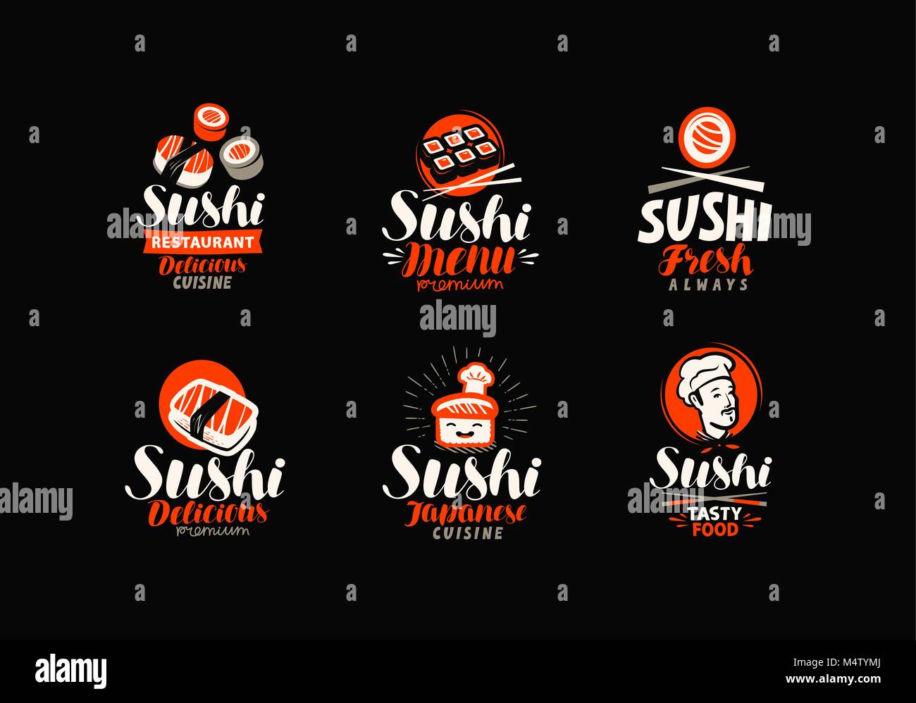 Sushi, Brötchen, japanisches Essen eingestellt von Logos oder Etiketten. Vector Illustration Stock Vektor