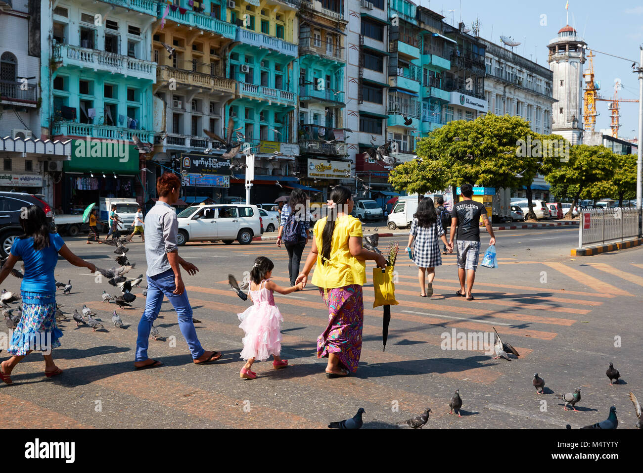 Überqueren von Straßen mit Tauben in Yangon, Myanmar, Birma fliegen Stockfoto
