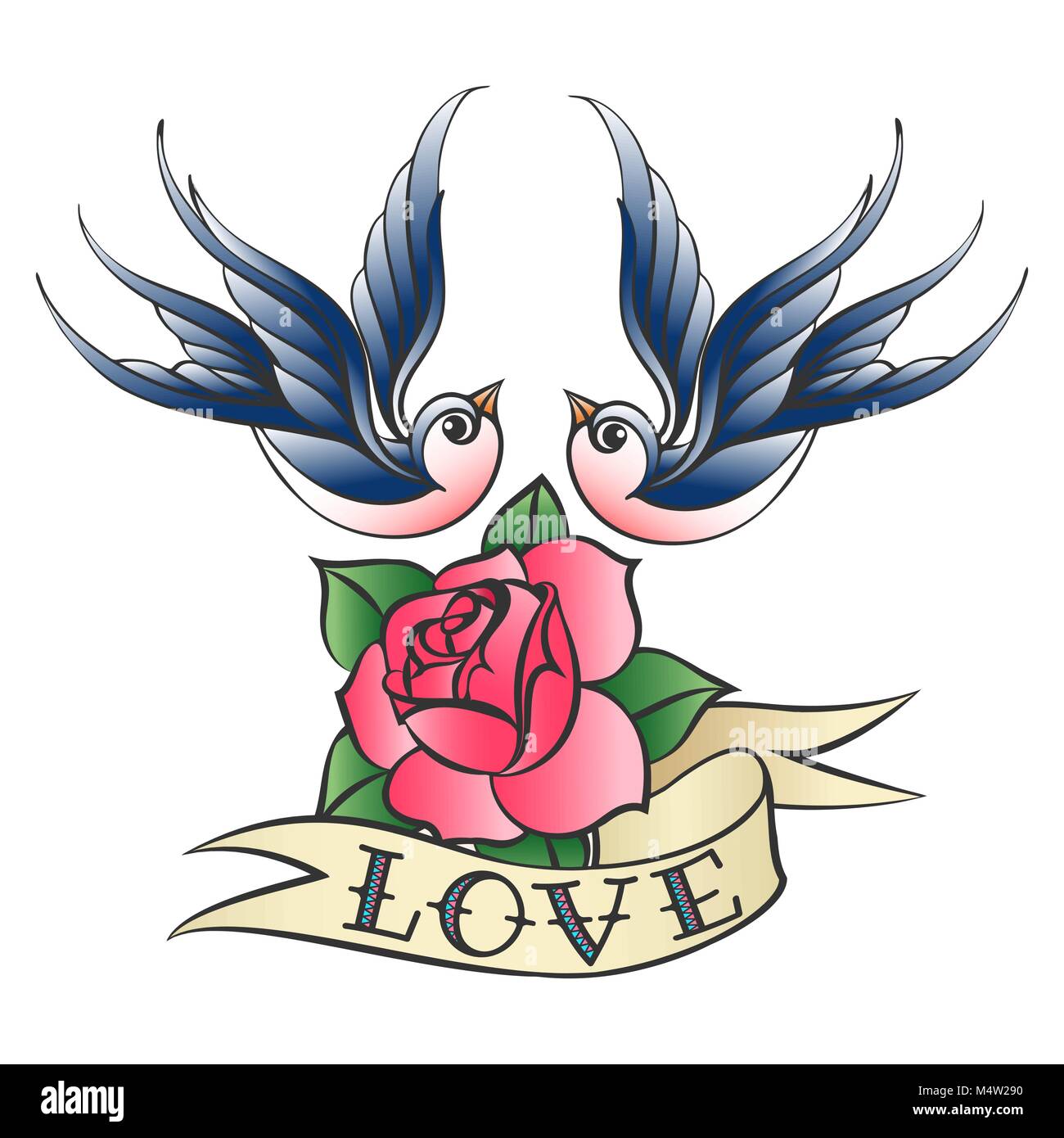 Schwalben fliegen über Rose blume und farbband mit Schriftzug Liebe. Vector Illustration im Tattoo Style. Stock Vektor