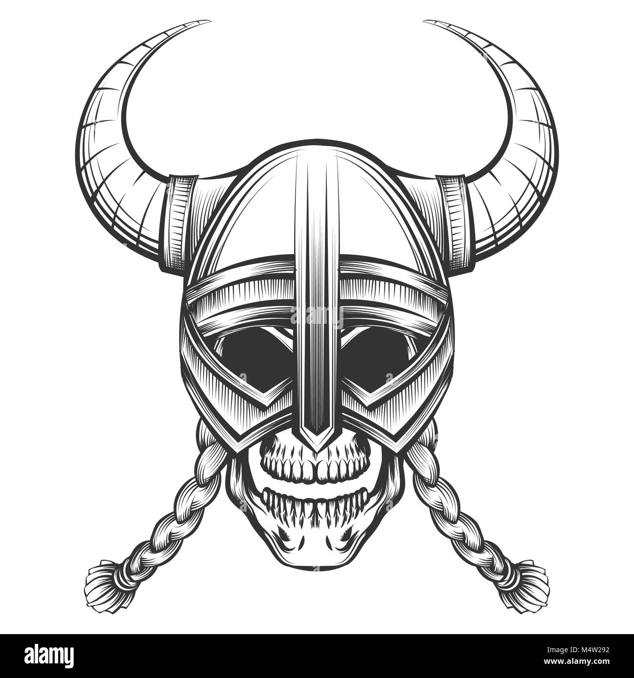 Menschliche Schädel in Viking Helm in Gravur Stil gezeichnet. Vector Illustration Stock Vektor