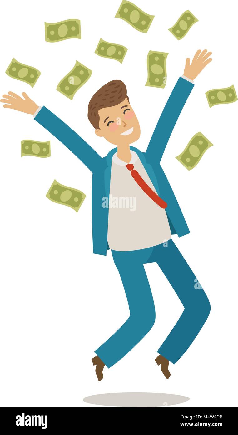 Erfolgreicher Geschäftsmann springt und wirft Geld. Geschäftskonzept. Cartoon Vector Illustration Stock Vektor