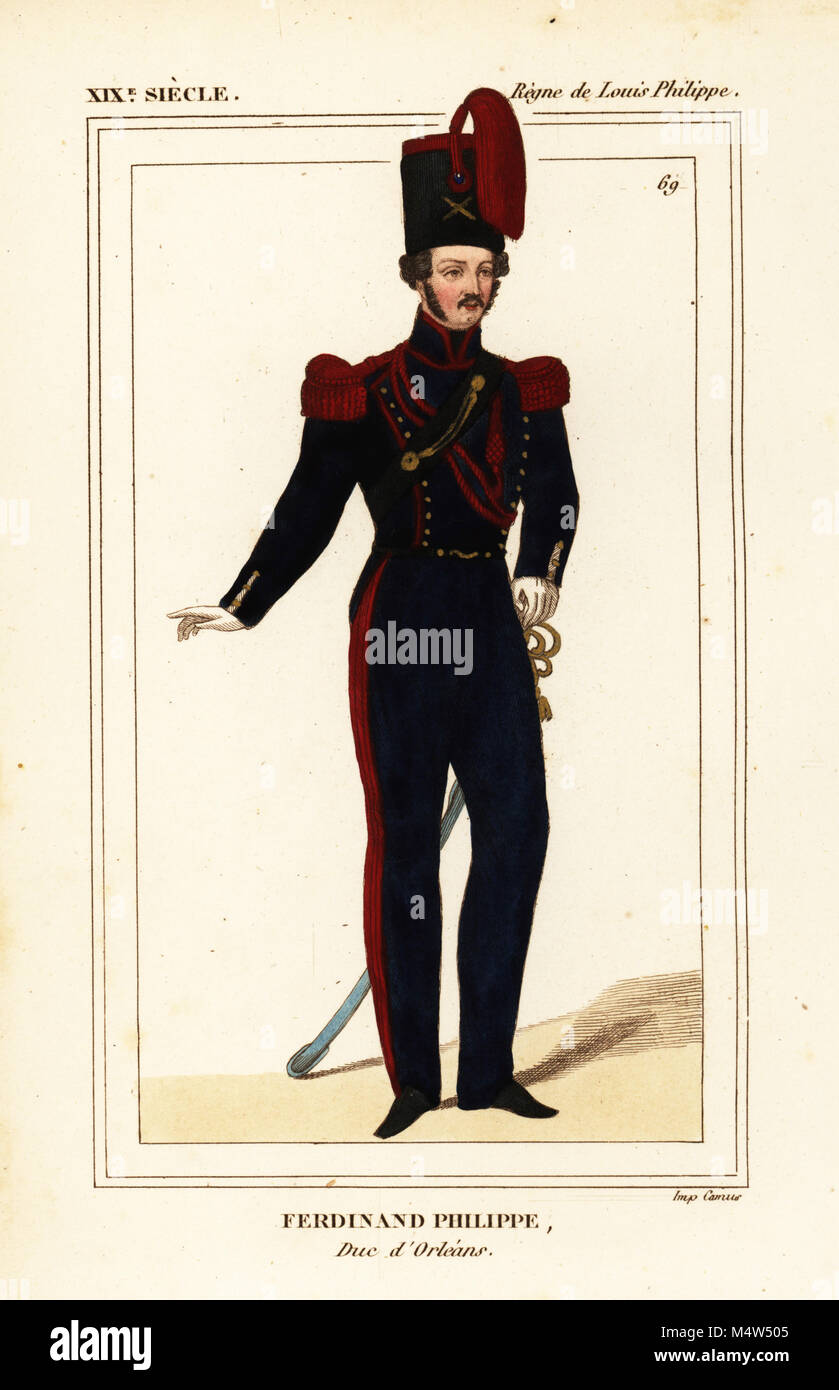 Ferdinande Philippe, Duc d'Orleans 1810-1842. In der Uniform der Artillerie der Garde Nationale. Papierkörbe Lithographie von Le Bibliophile Jakob aka Paul Lacroix's Kostüme Historiques de la France (Historische Kostüme von Frankreich), Verwaltung de Librairie, Paris, 1852. Stockfoto