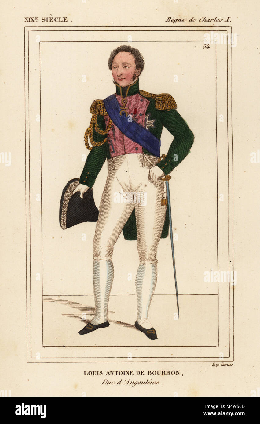 Louis Antoine de Bourbon, Duc d'Angouleme 1776-1849. In der Uniform eines Oberst in der Garde-du-Corps de Monsieur mit grand-Cordon bleu Schärpe, Kette des Ordens vom Goldenen Vlies. Papierkörbe Lithographie von Le Bibliophile Jakob aka Paul Lacroix's Kostüme Historiques de la France (Historische Kostüme von Frankreich), Verwaltung de Librairie, Paris, 1852. Stockfoto