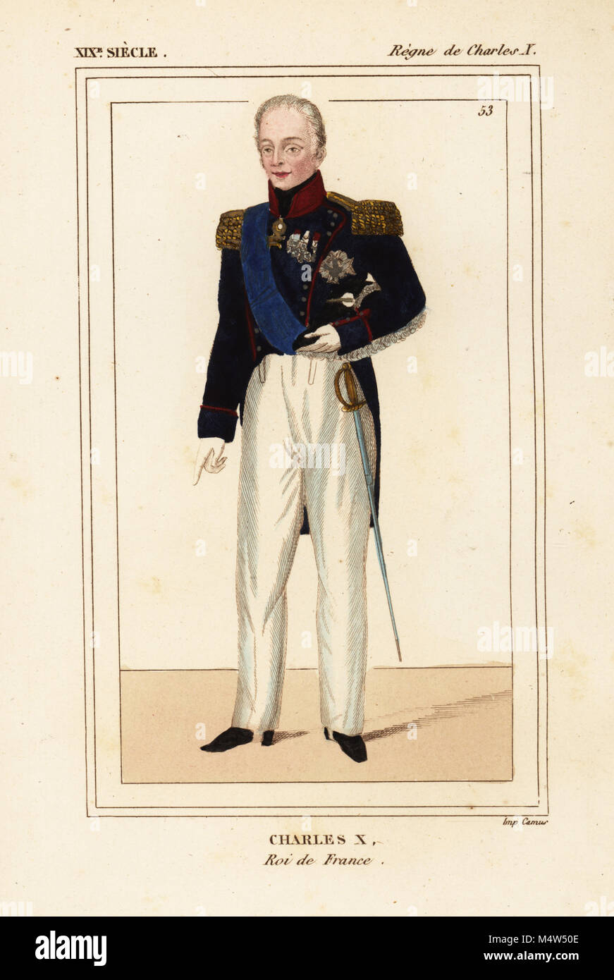 König Charles X von Frankreich 1757-1836 in Uniform eines Oberst in der Garde Nationale mit grand-Cordon bleu Schärpe und Kette des Ordens vom Goldenen Vlies, Ordre de la Toison d'Or. Papierkörbe Lithographie von Leopold Massard von Le Bibliophile Jakob aka Paul Lacroix's Kostüme Historiques de la France (Historische Kostüme von Frankreich), Verwaltung de Librairie, Paris, 1852. Stockfoto