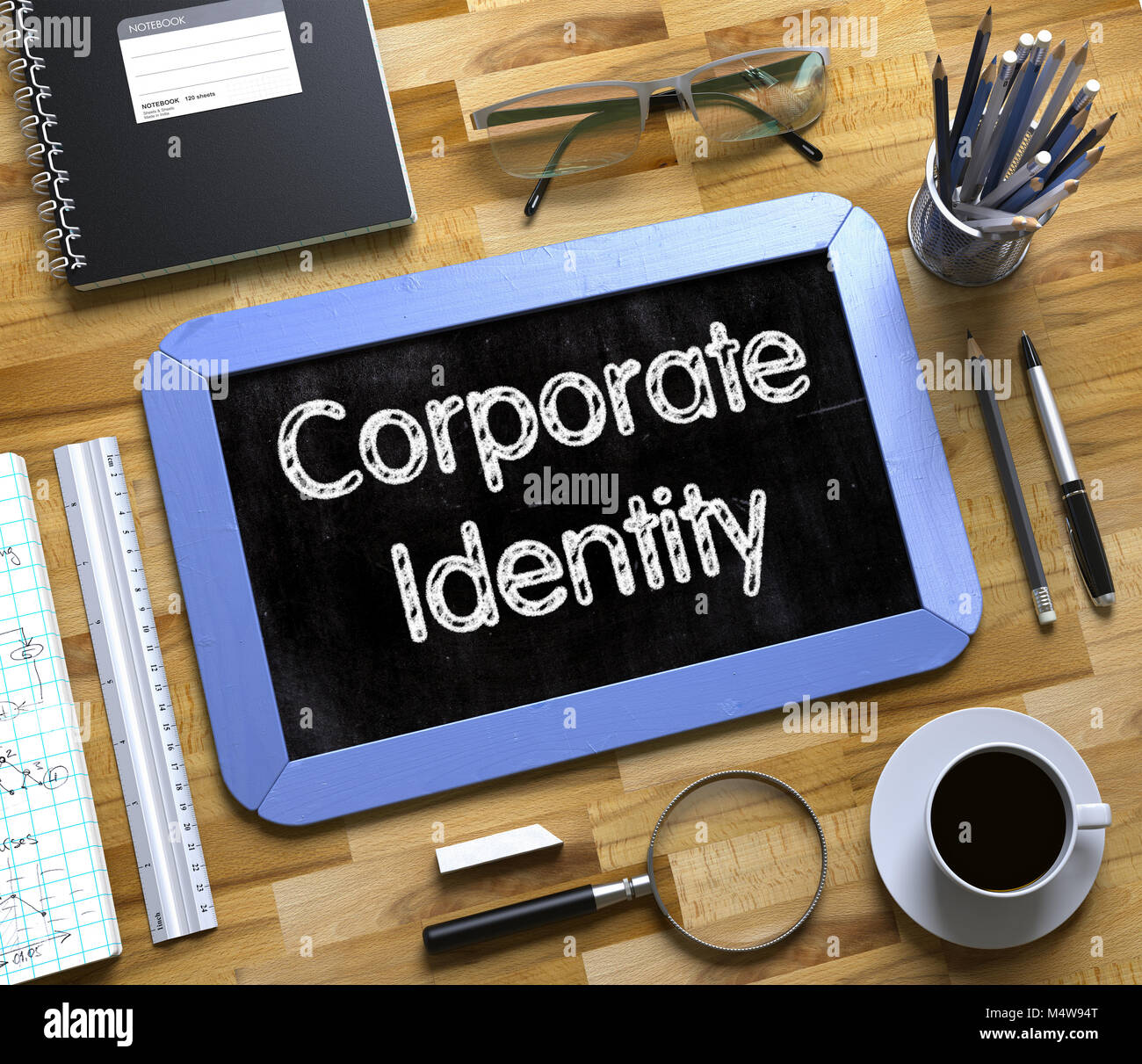 Corporate Identity handschriftlich auf kleinen Schwarzen Brett. 3d Stockfoto