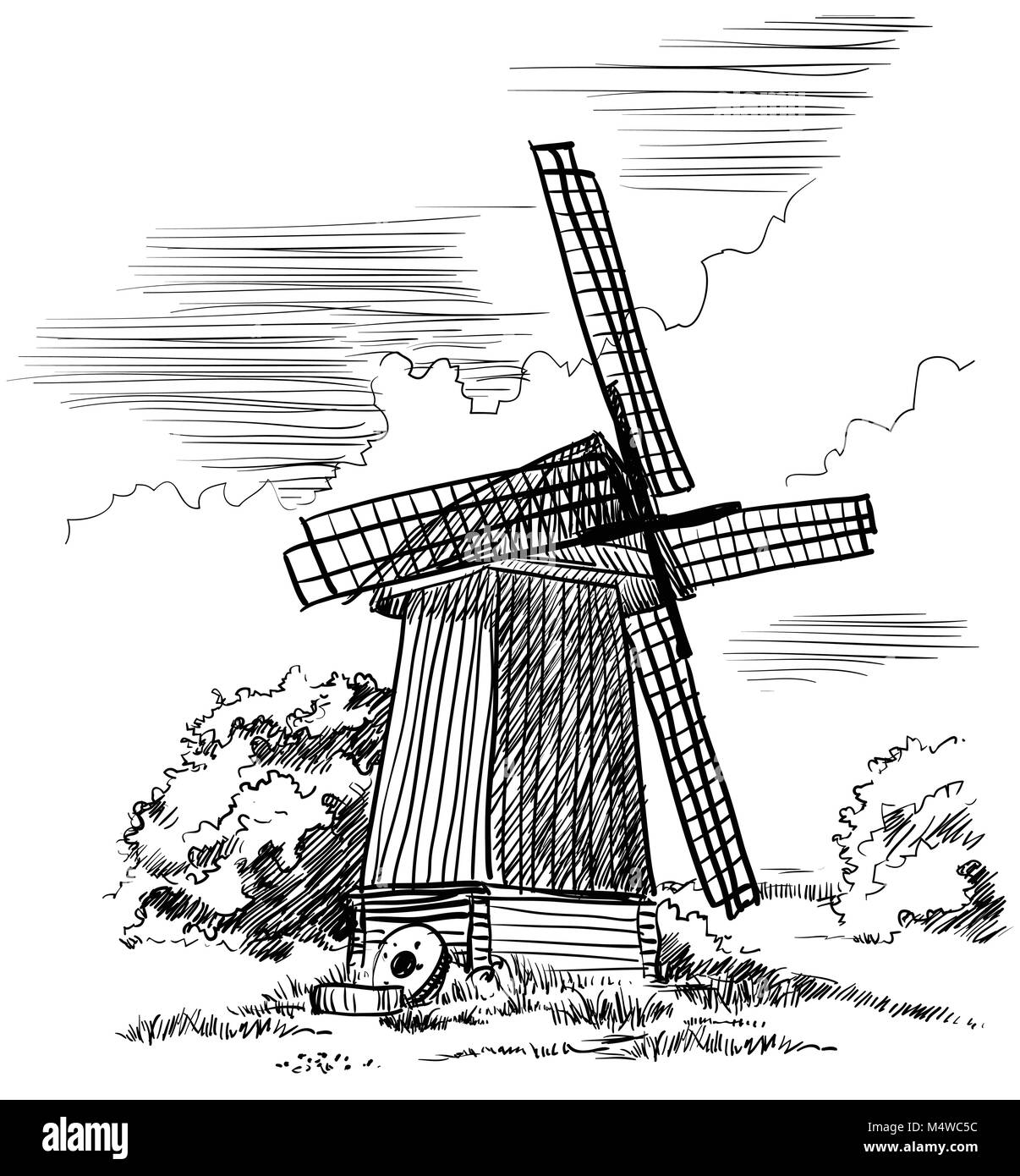 Mühle isoliert Handzeichnung Vector Illustration in schwarzer Farbe auf weißem Hintergrund Stock Vektor