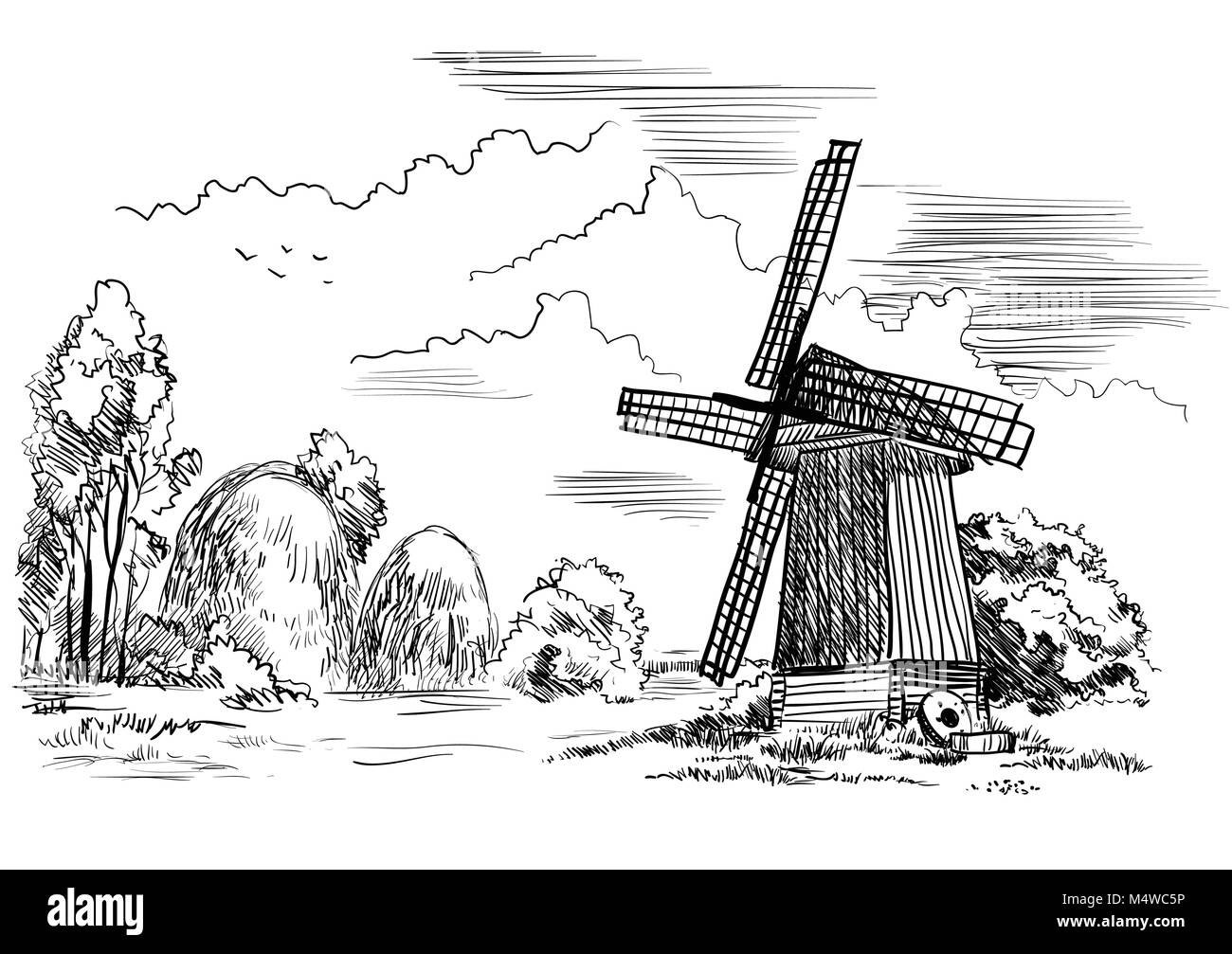 Landschaft mit einer Windmühle, Bäume und Heuballen auf Wiese, isolierte Handzeichnung Vector Illustration in schwarzer Farbe auf weißem Hintergrund Stock Vektor