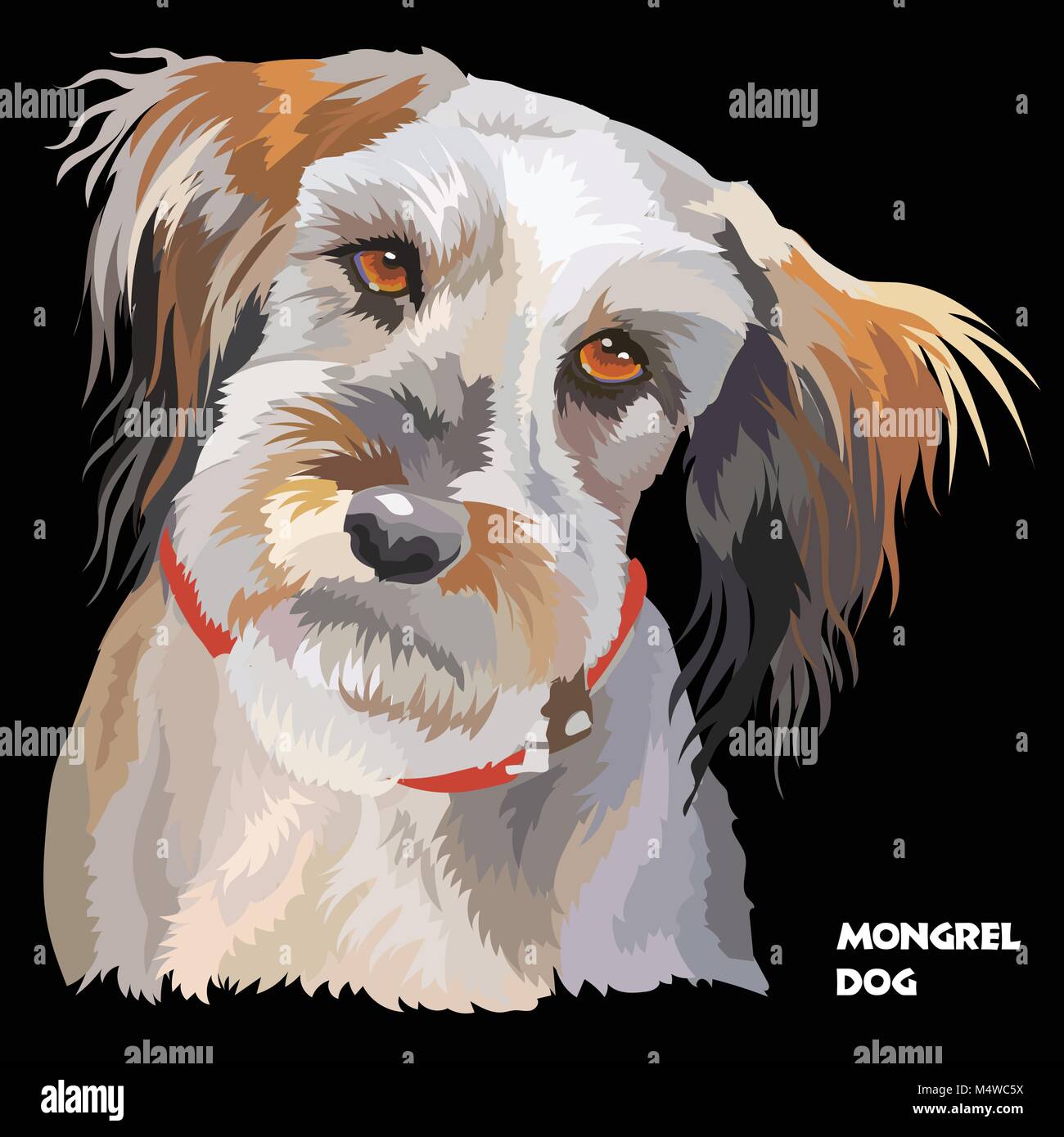 Farbige Portrait von Flauschigen mongrel Hund isoliert Vector Illustration auf schwarzem Hintergrund Stock Vektor