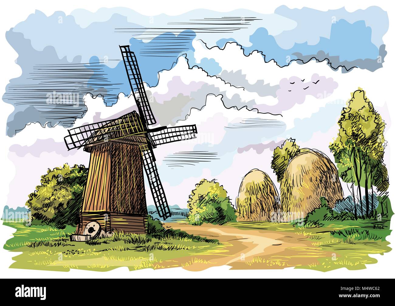 Landschaft mit einer Windmühle, Bäume und Heuballen auf Wiese, isolierte Handzeichnung bunte Vektor illustration Stock Vektor