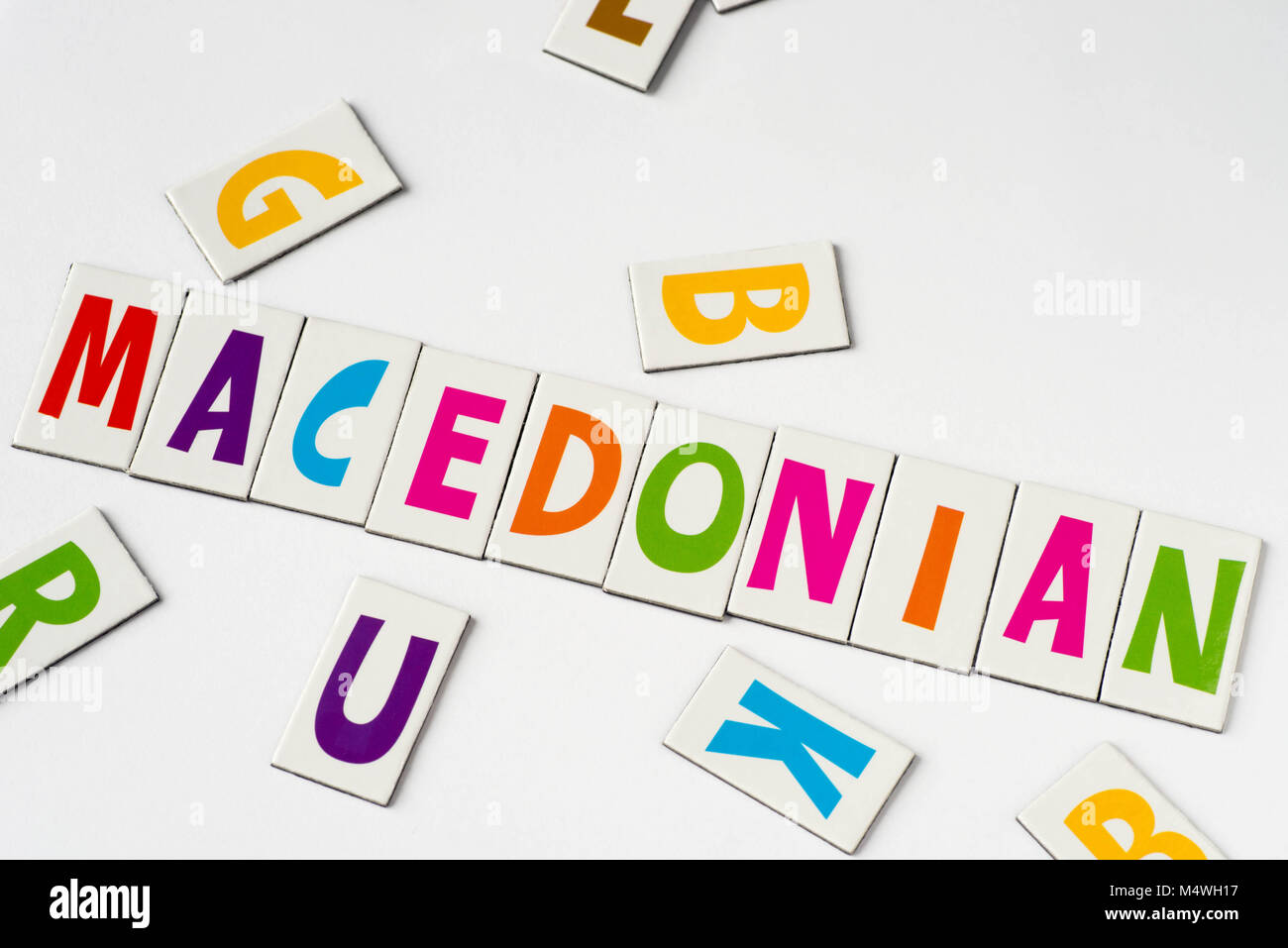 Wort Mazedonisch aus bunte Buchstaben auf weißem Hintergrund Stockfoto