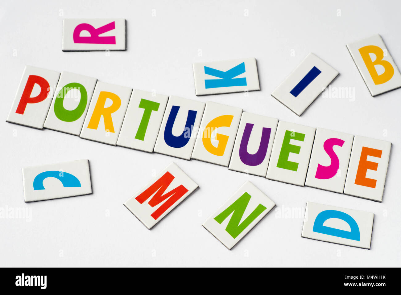 Portugiesisch aus bunte Buchstaben auf weißem Hintergrund Stockfoto