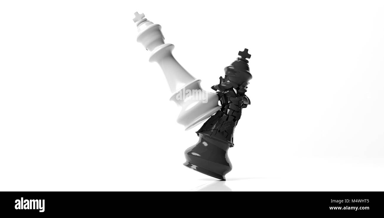 Schach Sieg für Weiß. Schwarz chess King von der weisse König gebrochen, auf weißem Hintergrund. 3D-Darstellung Stockfoto