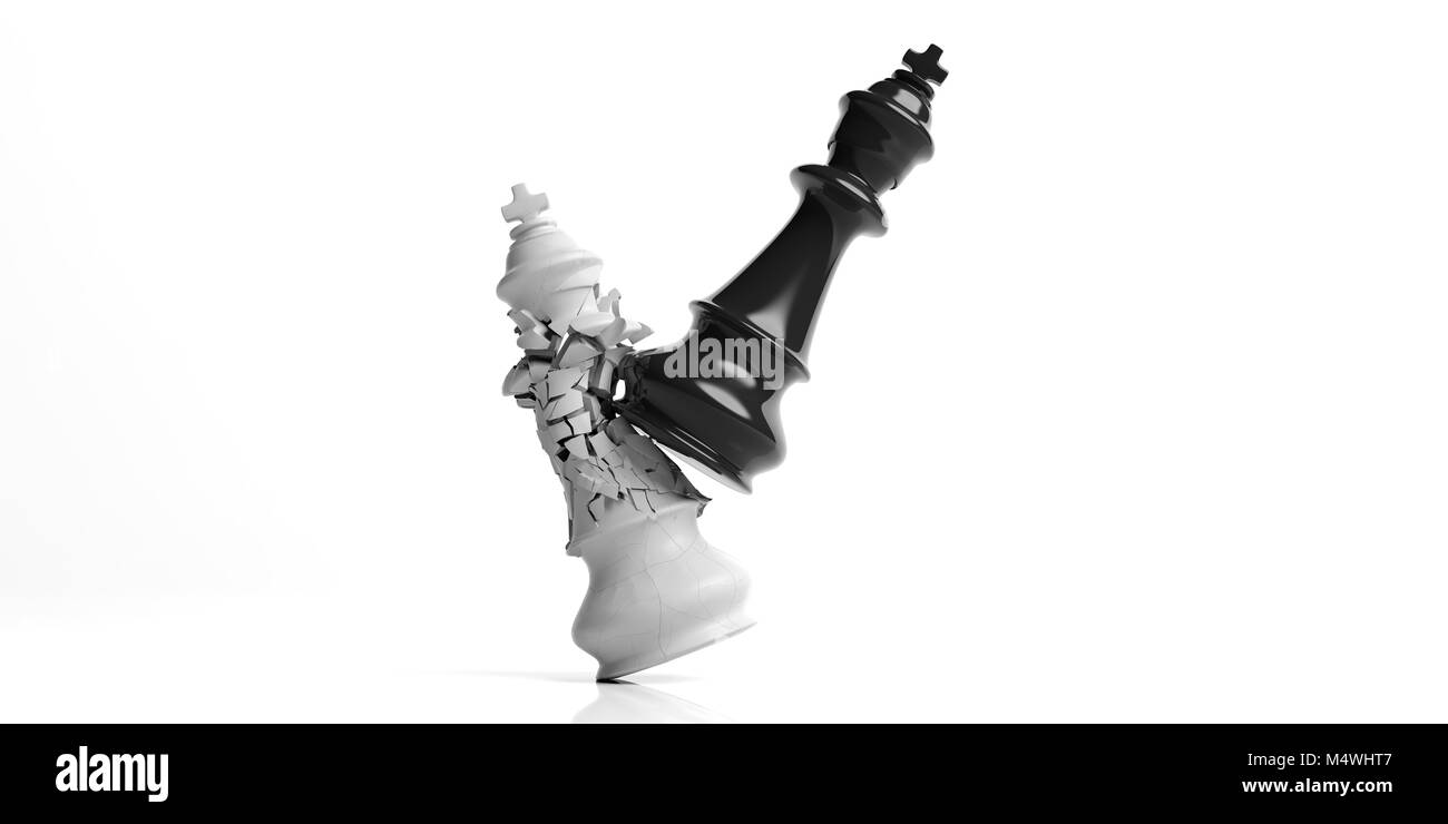 Schach Sieg für Schwarz. Weiß chess King durch den schwarzen König gebrochen, auf weißem Hintergrund. 3D-Darstellung Stockfoto