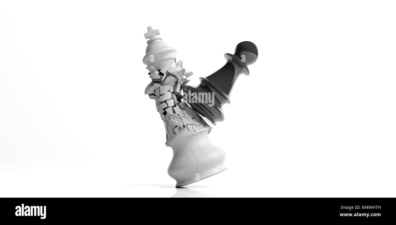 Sieg für das Schach Bauer. Weiß Schach König durch eine schwarze Bauer gebrochen, auf weißem Hintergrund. 3D-Darstellung Stockfoto