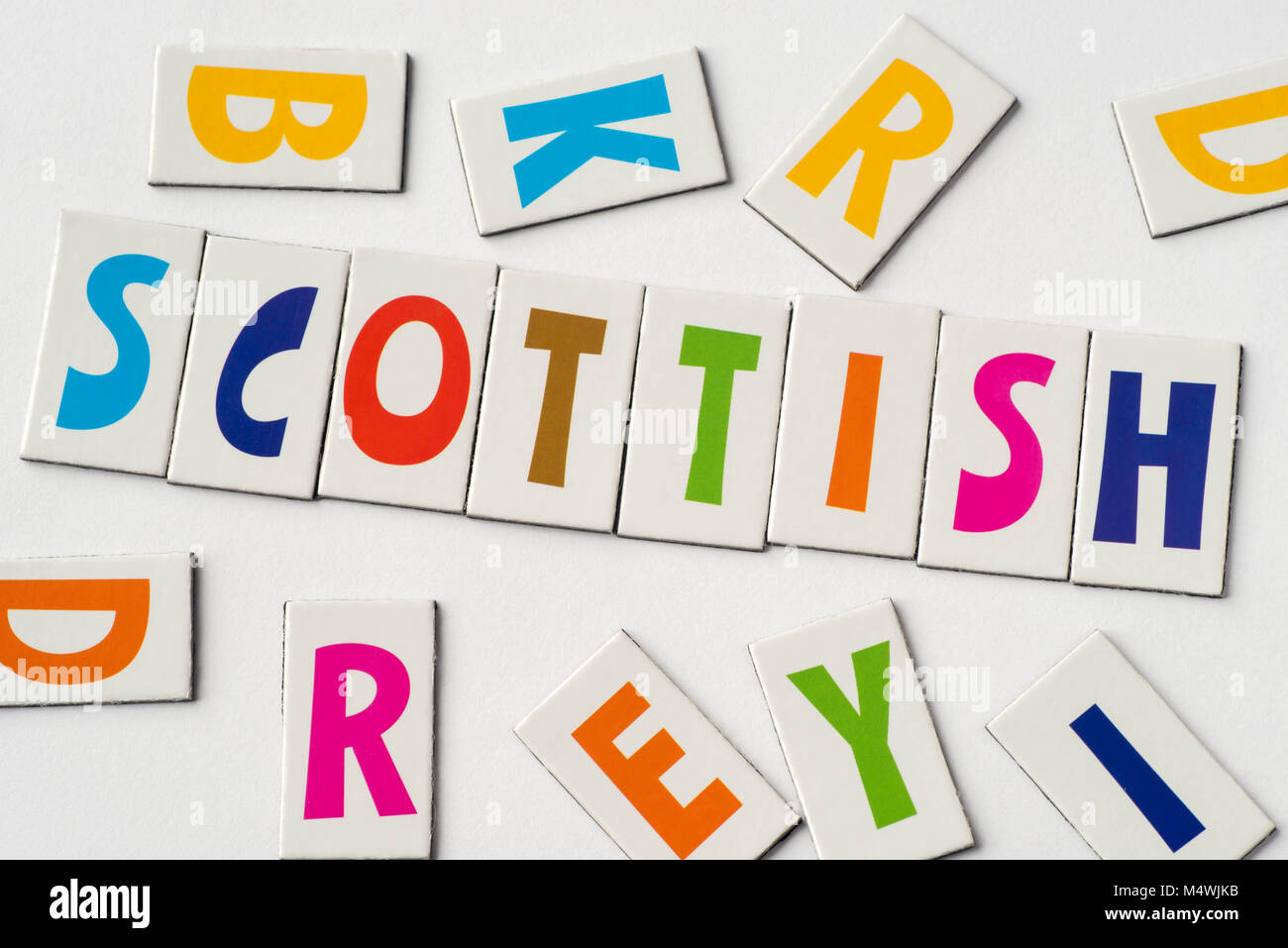 Wort Schottischen aus bunte Buchstaben auf weißem Hintergrund Stockfoto