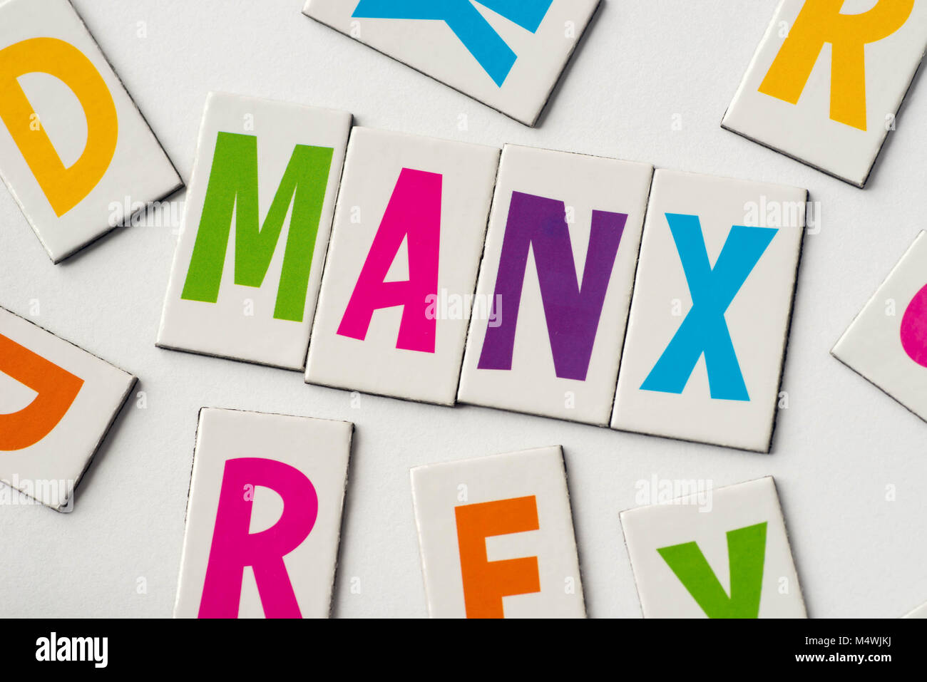 Wort Manx aus bunte Buchstaben auf weißem Hintergrund Stockfoto