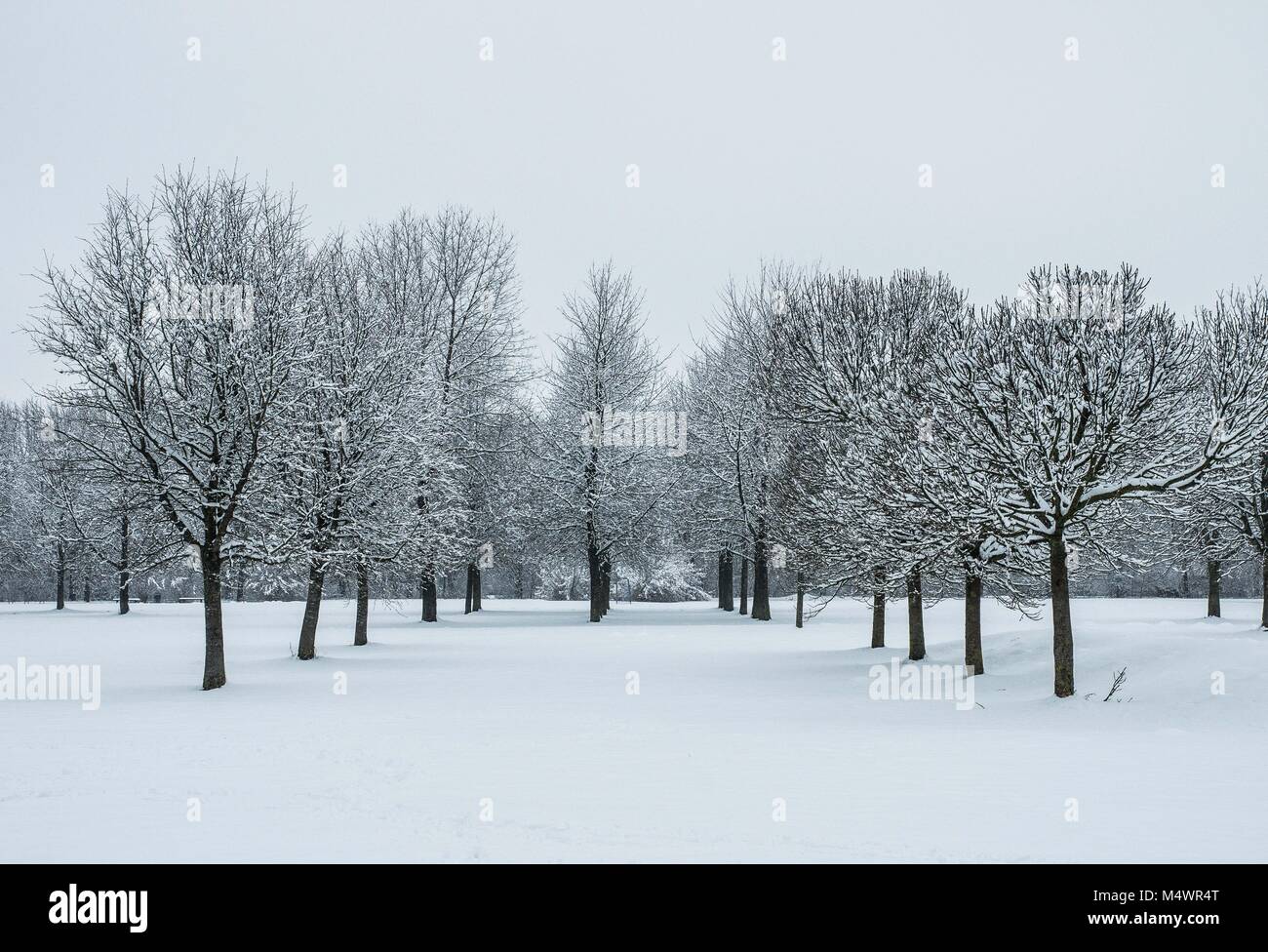 München, Bayern, Deutschland. 18 Feb, 2018. Reste von einem schweren Schneesturm am Tag vor wie in der Park um Schloss Blutenburg in München gesehen. Die Schwere der Schneefall war nicht vorhersehbar und der kommenden Woche werden brutale Kälte in die Stadt bringen. Credit: Sachelle Babbar/ZUMA Draht/Alamy leben Nachrichten Stockfoto