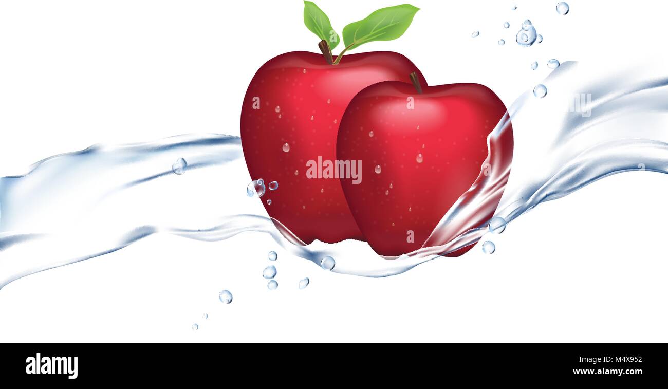 Realistische Abbildung: roter Apfel auf weißem Hintergrund. Fließendes Wasser Stock Vektor